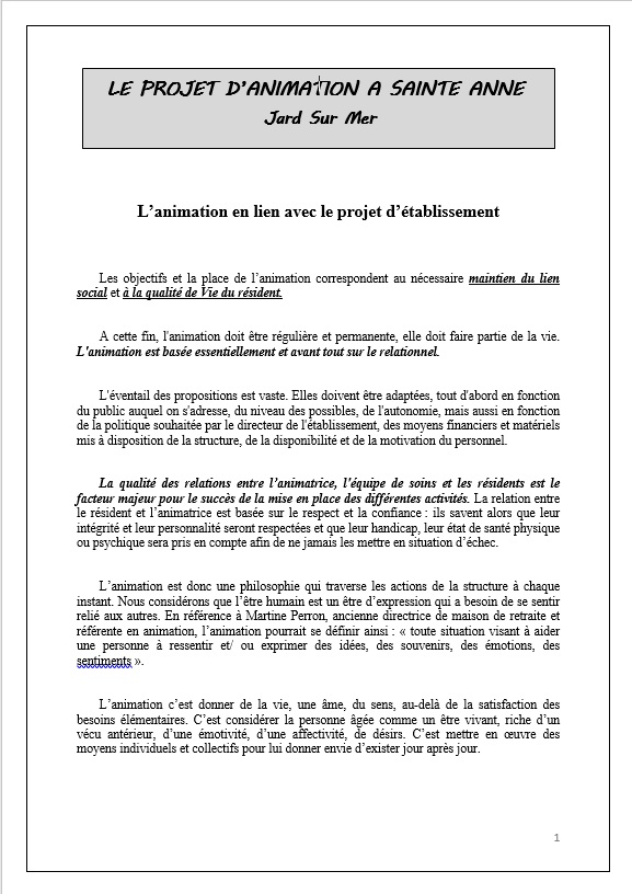 Le projet d'animation  EHPAD Maison Sainte Anne Jard sur Mer